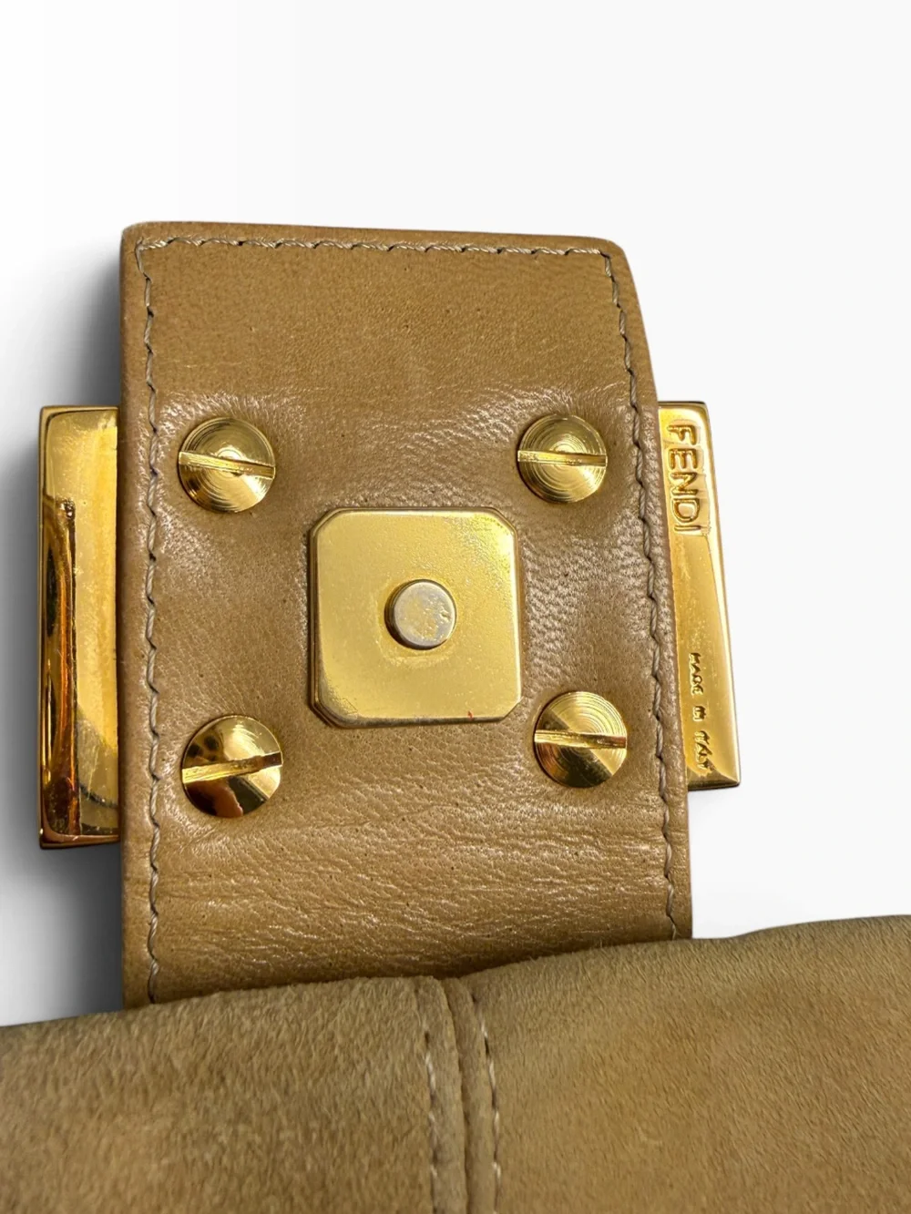 Fendi FF Logo Buttery Soft Camel Suede Baguette Bag Tan Gold